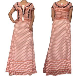 Nu New York Womens Dress Small S Orange White Maxi Bohemian Lined Embroidered